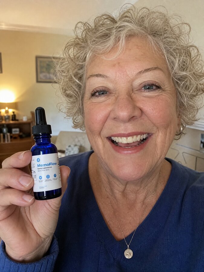 Ruth S. holding her MemoFlow bottle at home